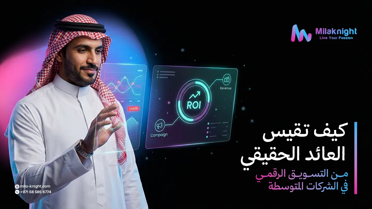 لوحة تحليلات التسويق الرقمي توضح العائد على الاستثمار ومؤشرات الأداء